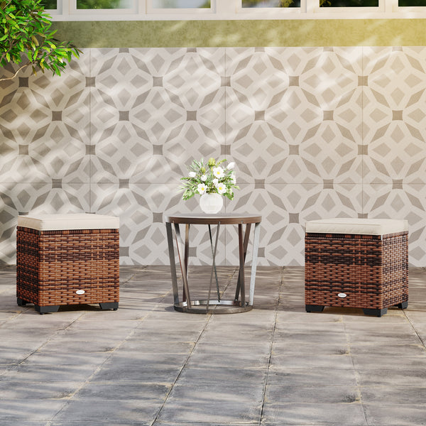 Set of 2 Rattan Storage Ottoman, Outdoor Footstool with Removable Cushions, Garden Storage Seat for Balcony, Poolside, Living Room, Beige