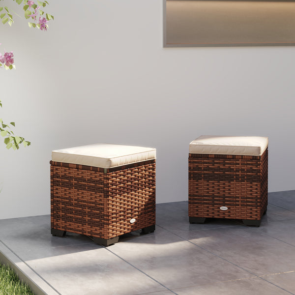 Set of 2 Rattan Storage Ottoman, Outdoor Footstool with Removable Cushions, Garden Storage Seat for Balcony, Poolside, Living Room, Beige