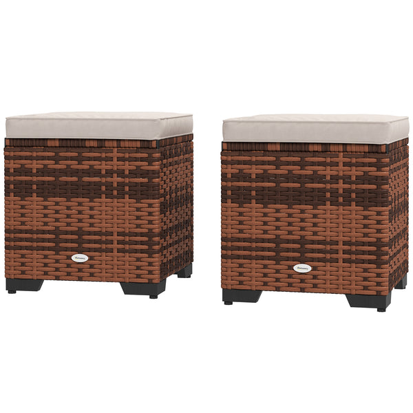 Set of 2 Rattan Storage Ottoman, Outdoor Footstool with Removable Cushions, Garden Storage Seat for Balcony, Poolside, Living Room, Beige