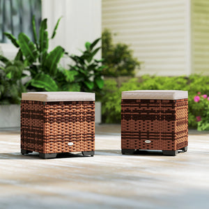 Set of 2 Rattan Storage Ottoman, Outdoor Footstool with Removable Cushions, Garden Storage Seat for Balcony, Poolside, Living Room, Beige