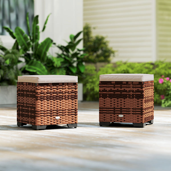 Set of 2 Rattan Storage Ottoman, Outdoor Footstool with Removable Cushions, Garden Storage Seat for Balcony, Poolside, Living Room, Beige