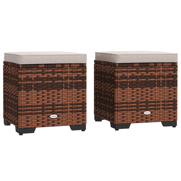 Set of 2 Rattan Storage Ottoman, Outdoor Footstool with Removable Cushions, Garden Storage Seat for Balcony, Poolside, Living Room, Beige