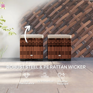 Set of 2 Rattan Storage Ottoman, Outdoor Footstool with Removable Cushions, Garden Storage Seat for Balcony, Poolside, Living Room, Beige
