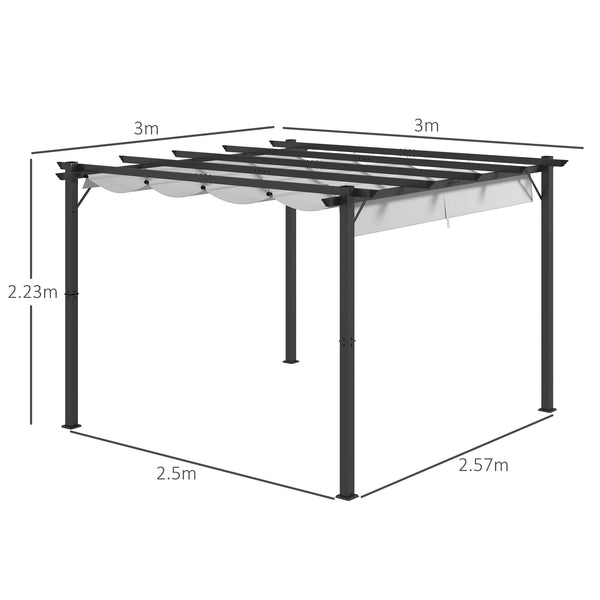 3 x 3(m) Pergola with Retractable Roof Canopy, Aluminium Frame Garden Gazebo Outdoor Sun Shade Shelter for Grill, Patio, Light Grey