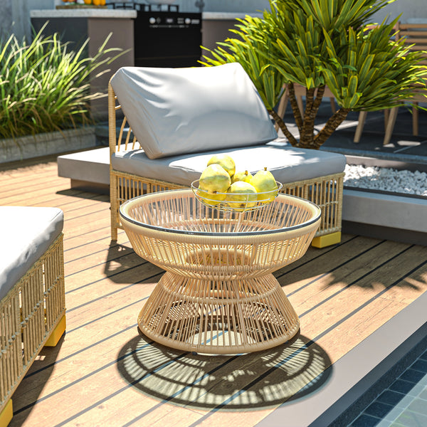Rattan Outdoor Coffee Table, Patio End Table with Tempered Glass Tabletop & Steel Frame, Round Side Table Wicker Furniture for Backyard Lawn Balcony, Nature Wood