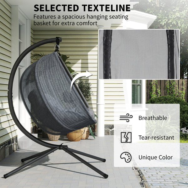 Double Egg Chair with Stand, 2 Person Hanging Swing Egg Chair Outdoor Indoor, 528 LBS Capacity Loveseat Hammock Swing with Cushion, Pockets, Grey