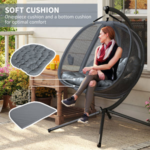 Double Egg Chair with Stand, 2 Person Hanging Swing Egg Chair Outdoor Indoor, 528 LBS Capacity Loveseat Hammock Swing with Cushion, Pockets, Grey
