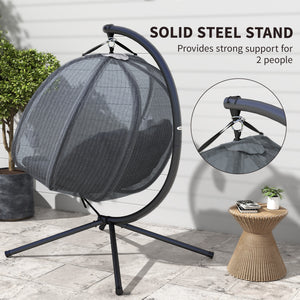 Double Egg Chair with Stand, 2 Person Hanging Swing Egg Chair Outdoor Indoor, 528 LBS Capacity Loveseat Hammock Swing with Cushion, Pockets, Grey