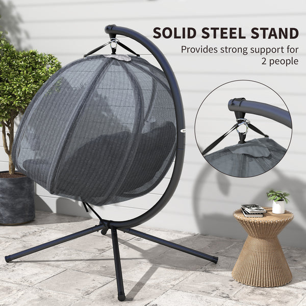 Double Egg Chair with Stand, 2 Person Hanging Swing Egg Chair Outdoor Indoor, 528 LBS Capacity Loveseat Hammock Swing with Cushion, Pockets, Grey