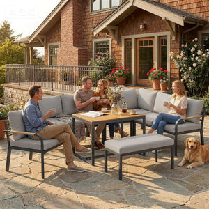 7 Seater Garden Furniture Set with 2 Loveseats, Armchair, 2 Armless Chairs, Footstool, Faux Wood Table, Metal Garden Sofa Set with Cushions, Outdoor Furniture Conversation Sets, Light Grey