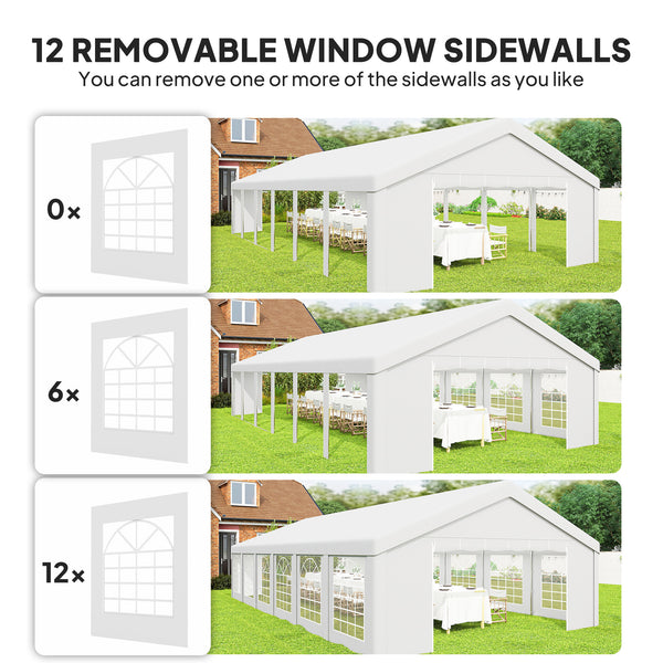 20' x 40' Heavy Duty Party Tent and Carport, Galvanized Outdoor Canopy Tent Event Tent with 12 Removable Window Sidewalls for Parties, Wedding, Events, BBQ, White