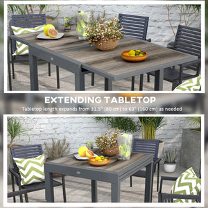 Extending Garden Table, Outdoor Dining Table for 6, Aluminium Frame Rectangular Patio Table with Plastic Board Tabletop,80/160L x 80W x 75H cm, Grey