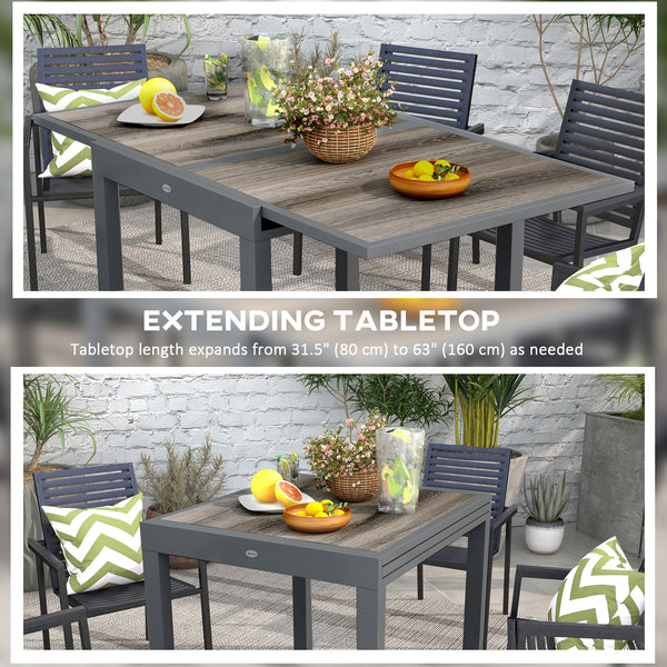 Extending Garden Table, Outdoor Dining Table for 6, Aluminium Frame Rectangular Patio Table with Plastic Board Tabletop,80/160L x 80W x 75H cm, Grey