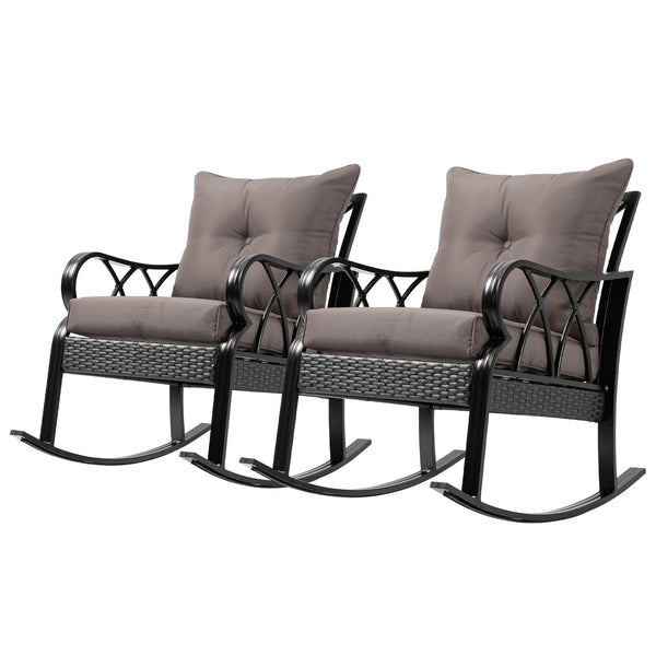 Outsunny 2 Piece Outdoor Wicker Rocking Chairs with Padded Cushions, Aluminum Furniture Rattan Porch Rocker Chairs w/ Armrest for Garden, Patio, and Backyard, Gray