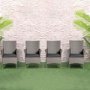 4 Pieces Outdoor PE Rattan Dining Chairs Set with Cushion, Garden Armchair with Armrests, High Backrest, Metal Frame Patio Wicker Furniture, Grey