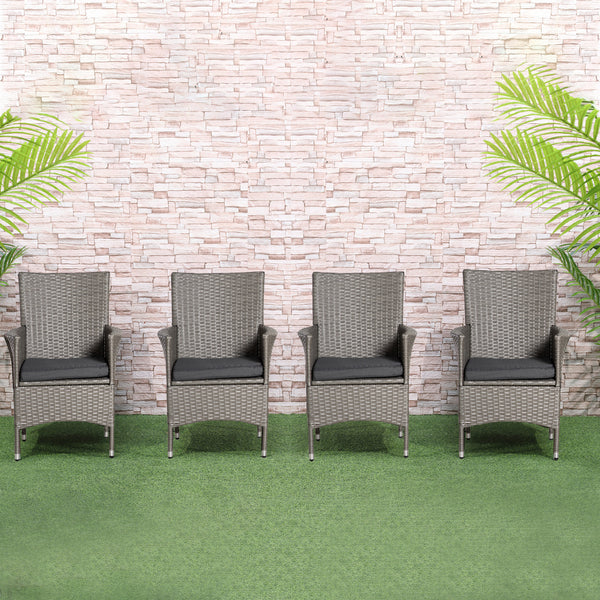 4 Pieces Outdoor PE Rattan Dining Chairs Set with Cushion, Garden Armchair with Armrests, High Backrest, Metal Frame Patio Wicker Furniture, Grey