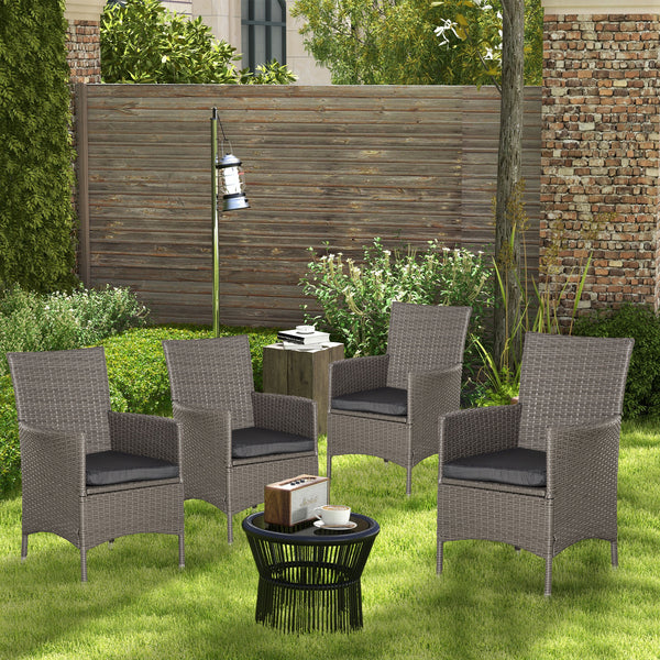 4 Pieces Outdoor PE Rattan Dining Chairs Set with Cushion, Garden Armchair with Armrests, High Backrest, Metal Frame Patio Wicker Furniture, Grey