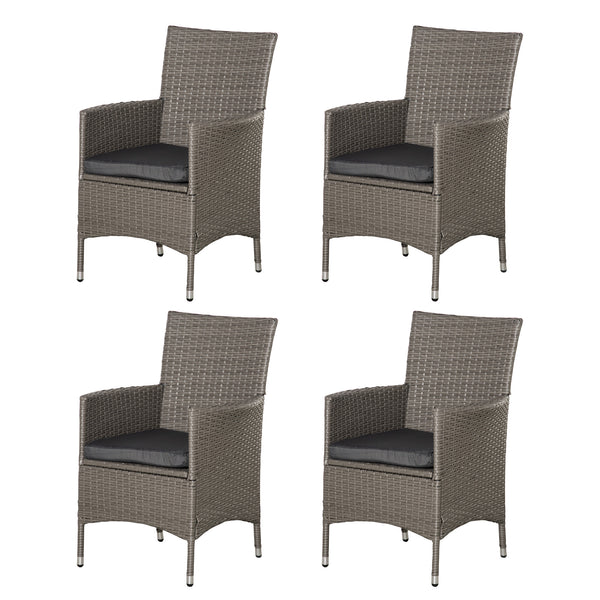 4 Pieces Outdoor PE Rattan Dining Chairs Set with Cushion, Garden Armchair with Armrests, High Backrest, Metal Frame Patio Wicker Furniture, Grey