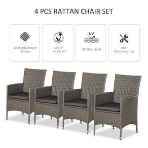 4 Pieces Outdoor PE Rattan Dining Chairs Set with Cushion, Garden Armchair with Armrests, High Backrest, Metal Frame Patio Wicker Furniture, Grey