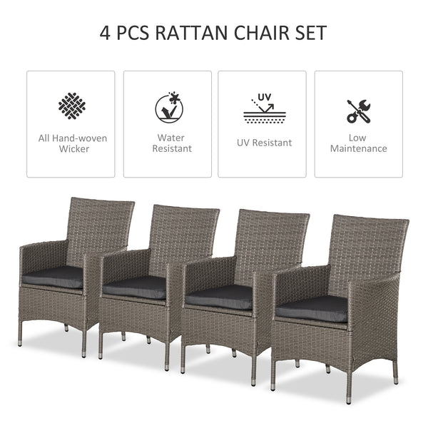 4 Pieces Outdoor PE Rattan Dining Chairs Set with Cushion, Garden Armchair with Armrests, High Backrest, Metal Frame Patio Wicker Furniture, Grey