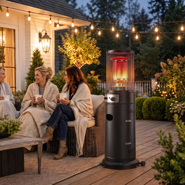 Gas Patio Heater, 11 kW Portable Propane Outdoor Heater with Stepless Heat Control, Pulse Ignition, Protective Mesh, Tip-over Protection, 2 Wheels for Garden, Black
