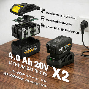 Cordless Tiller, 18V Electric Garden Rotavator with 2 x 4000mAh Batteries, Charger, 20cm Tilling Width & 18cm Depth, 4 Blades, Aluminium Shaft, Adjustable Handle for Weeding, Loosening Soil