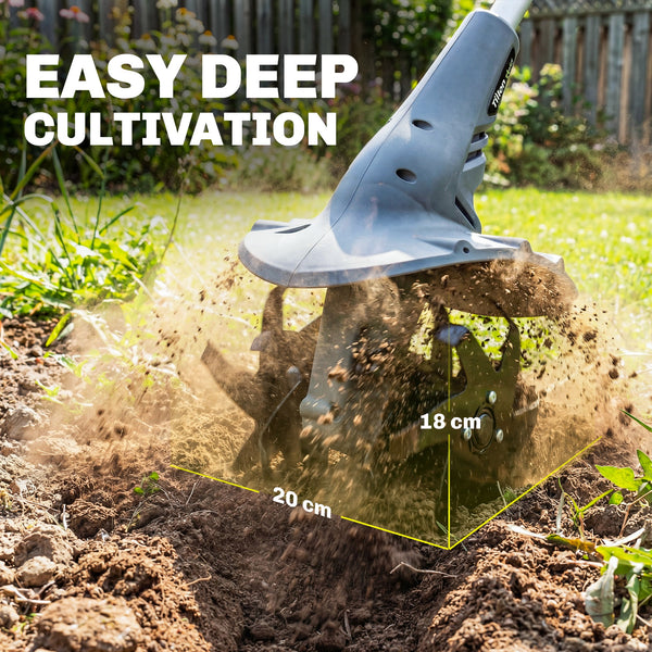 Cordless Tiller, 18V Electric Garden Rotavator with 2 x 4000mAh Batteries, Charger, 20cm Tilling Width & 18cm Depth, 4 Blades, Aluminium Shaft, Adjustable Handle for Weeding, Loosening Soil