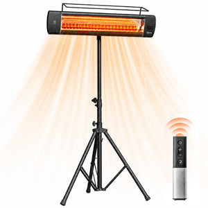 Electric Patio Heater, 1500 W Free Standing IP65 Waterproof Outdoor Infrared Heater with Tripod, 3 Heat Levels, 24H Timer, Touch Screen/Remote Control, Tip-Over/Over Heat Protection, Black