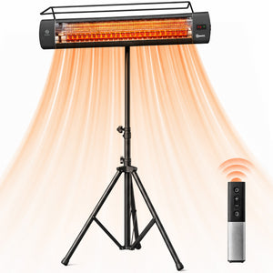 Electric Patio Heater, 1500 W Free Standing IP65 Waterproof Outdoor Infrared Heater with Tripod, 3 Heat Levels, 24H Timer, Touch Screen/Remote Control, Tip-Over/Over Heat Protection, Black