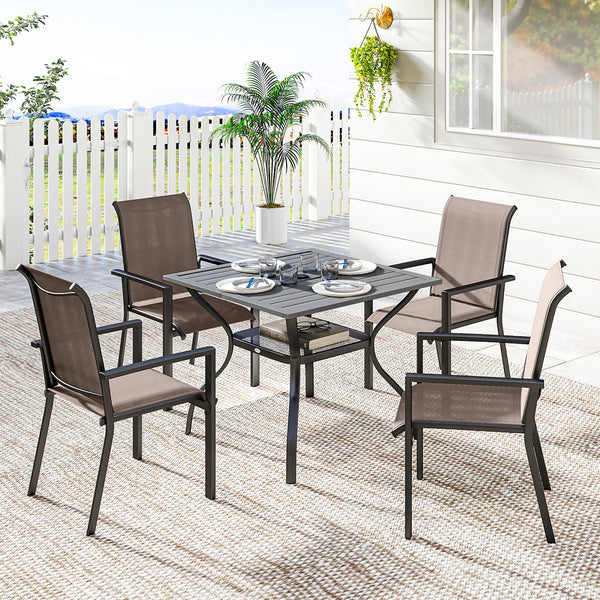 5 Pieces Garden Dining Set for 4, Patio Table and Stackable Chairs with Breathable Mesh Seat and Parasol Hole, Garden Furniture Set with Steel Frame for Garden, Grey and Khaki