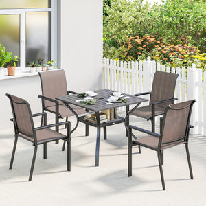 5 Pieces Garden Dining Set for 4, Patio Table and Stackable Chairs with Breathable Mesh Seat and Parasol Hole, Garden Furniture Set with Steel Frame for Garden, Grey and Khaki