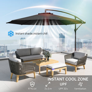 3(m) Garden Banana Parasol Hanging Cantilever Umbrella with Crank Handle, 8 Ribs and Cross Base for Outdoor, Sun Shade, Black