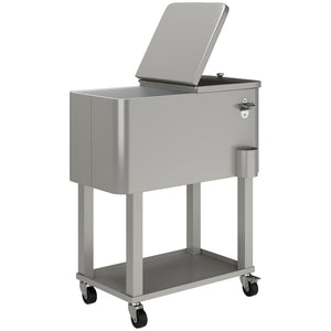 60 Quart Rolling Patio Cooler Cart, Portable Outdoor Cooler with Locking Wheels, Storage Shelf, Steel Bottle Opener, Ice Chest for Patio Backyard Party BBQ, Silver