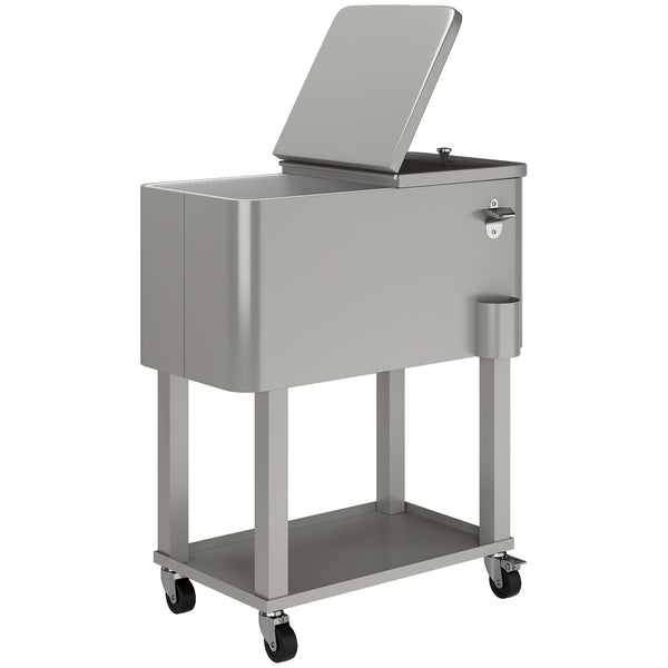 60 Quart Rolling Patio Cooler Cart, Portable Outdoor Cooler with Locking Wheels, Storage Shelf, Steel Bottle Opener, Ice Chest for Patio Backyard Party BBQ, Silver