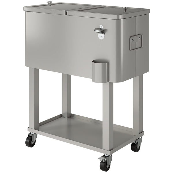 60 Quart Rolling Patio Cooler Cart, Portable Outdoor Cooler with Locking Wheels, Storage Shelf, Steel Bottle Opener, Ice Chest for Patio Backyard Party BBQ, Silver