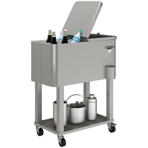 60 Quart Rolling Patio Cooler Cart, Portable Outdoor Cooler with Locking Wheels, Storage Shelf, Steel Bottle Opener, Ice Chest for Patio Backyard Party BBQ, Silver