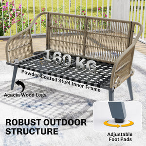 4 Piece Rattan Garden Furniture Set with Loveseat, 2 Armchairs, Acacia Wood Table, Steel Frame 4 Seater Wicker Patio Conversation Set with Thick Cushions for Outdoor, Grey