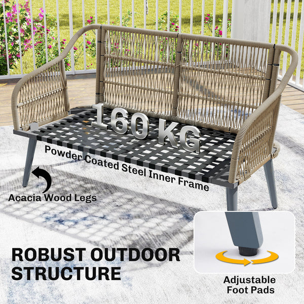 4 Piece Rattan Garden Furniture Set with Loveseat, 2 Armchairs, Acacia Wood Table, Steel Frame 4 Seater Wicker Patio Conversation Set with Thick Cushions for Outdoor, Grey