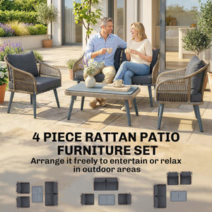 4 Piece Rattan Garden Furniture Set with Loveseat, 2 Armchairs, Acacia Wood Table, Steel Frame 4 Seater Wicker Patio Conversation Set with Thick Cushions for Outdoor, Grey