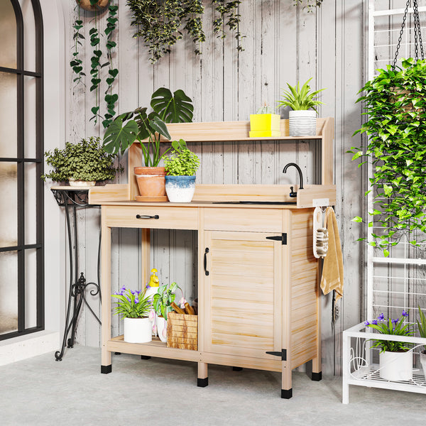 Outsunny Potting Bench Table with Sink, Outdoor Work Bench Table with Storage Cabinet, Hooks, Removable Sink, Faucet and Drawer for Greenhouse, Garden, Patio, Natural Wood