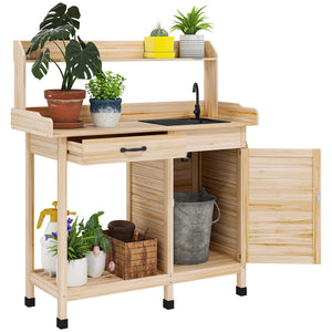 Outsunny Potting Bench Table with Sink, Outdoor Work Bench Table with Storage Cabinet, Hooks, Removable Sink, Faucet and Drawer for Greenhouse, Garden, Patio, Natural Wood