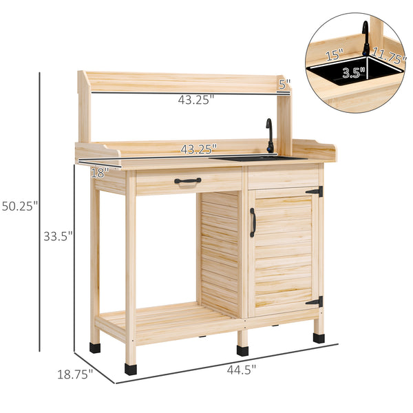 Outsunny Potting Bench Table with Sink, Outdoor Work Bench Table with Storage Cabinet, Hooks, Removable Sink, Faucet and Drawer for Greenhouse, Garden, Patio, Natural Wood