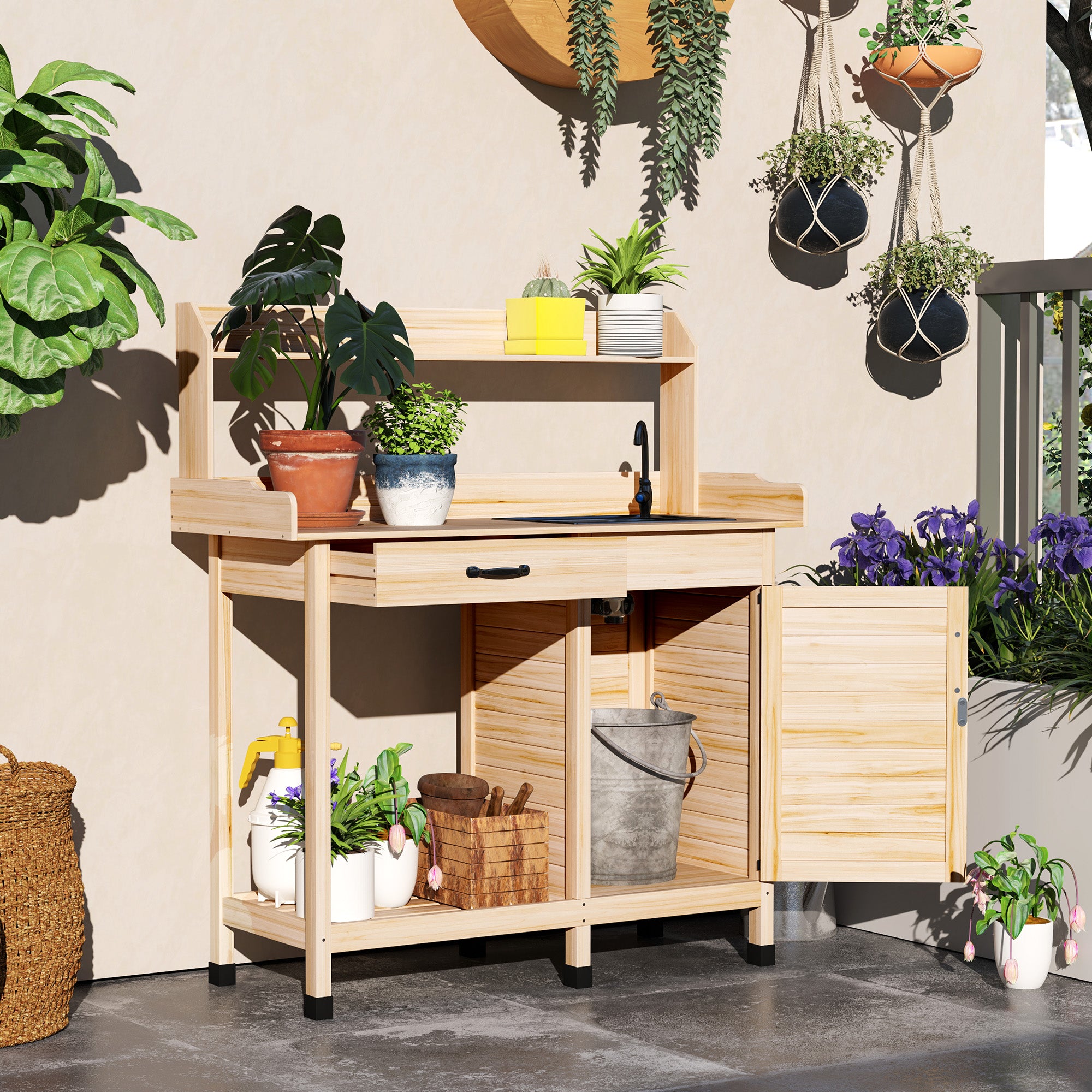 outdoor table for potted plants Outsunny Garden Potting Table with Storage Cabinet, Removable Sink, Faucet and Drawer, Natural Wood