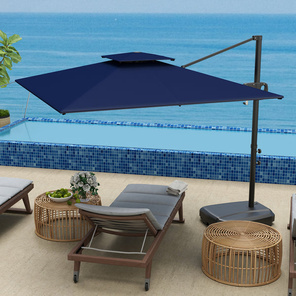 8' x 9' Square Cantilever Patio Umbrella with Fillable Base, Double Top Patio Hanging Offset Umbrella, Outdoor Cantilever Parasol with Crank & Tilt, Dark Blue