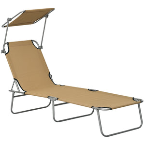 Outdoor Lounge Chair, Adjustable Folding Chaise Lounge, Tanning Chair with Sun Shade for Beach, Camping, Hiking, Backyard, Brown