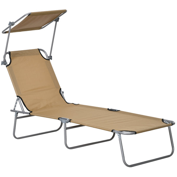 Outdoor Lounge Chair, Adjustable Folding Chaise Lounge, Tanning Chair with Sun Shade for Beach, Camping, Hiking, Backyard, Brown