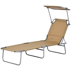 Outdoor Lounge Chair, Adjustable Folding Chaise Lounge, Tanning Chair with Sun Shade for Beach, Camping, Hiking, Backyard, Brown