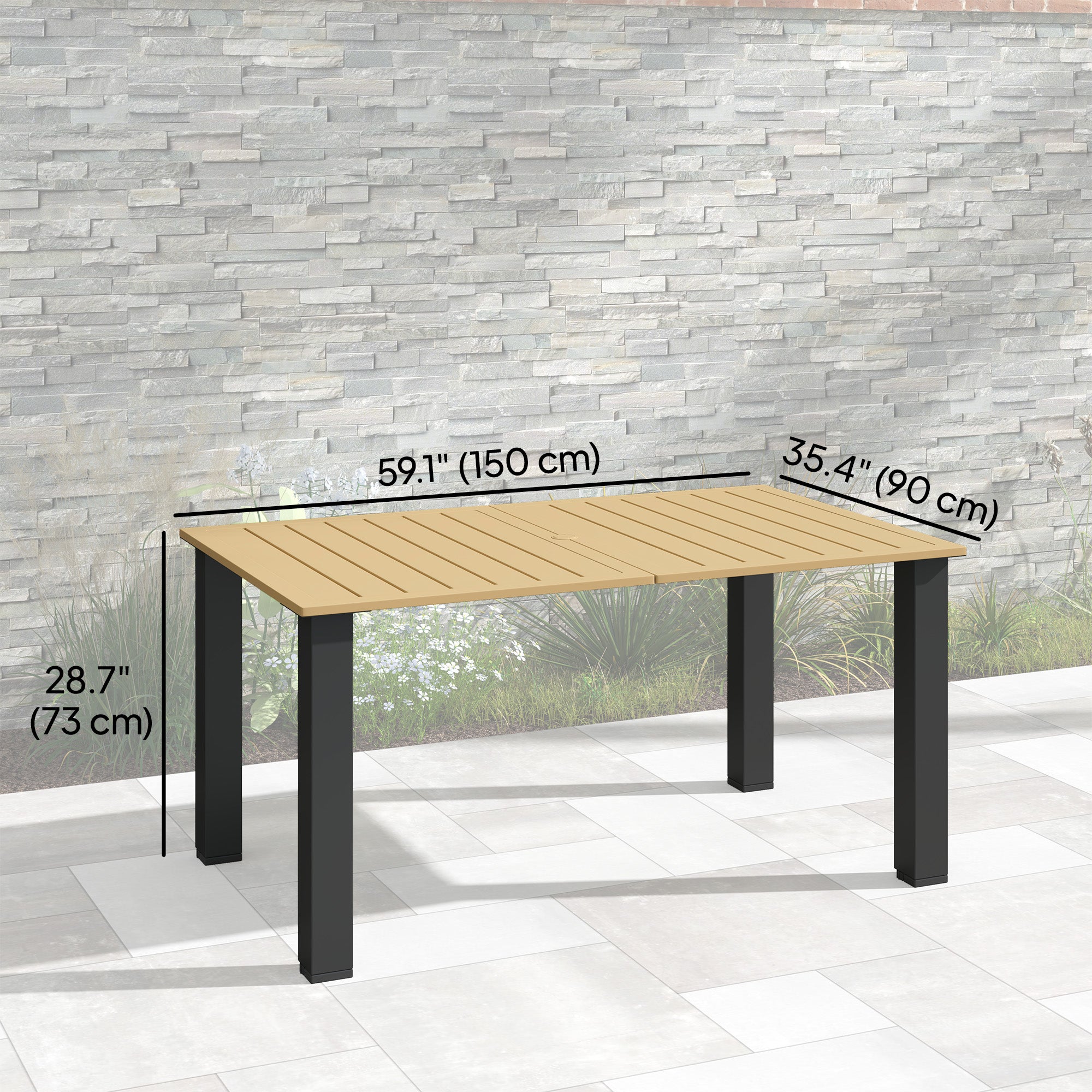 brown patio table cover with umbrella hole Outsunny 59" Outdoor Patio Table with Umbrella Hole & Slatted Tabletop for Backyard Garden, Brown