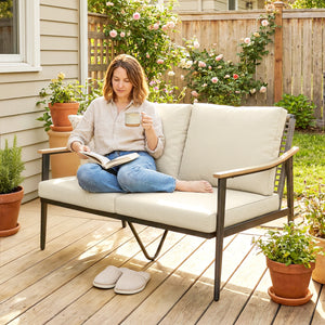 2 Seater Rattan Sofa, Outdoor Garden Sofa with Wood-Effect Armrests, PE Rattan Garden Furniture with Cushions, Steel Frame for Porch, Patio, Balcony, Khaki