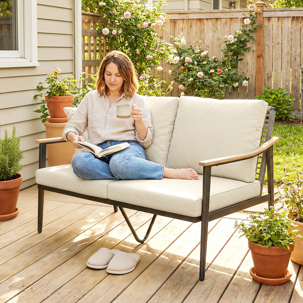 2 Seater Rattan Sofa, Outdoor Garden Sofa with Wood-Effect Armrests, PE Rattan Garden Furniture with Cushions, Steel Frame for Porch, Patio, Balcony, Khaki